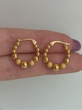 14k Vintage Textured Beaded Ball Hoop Earrings Yellow Gold
